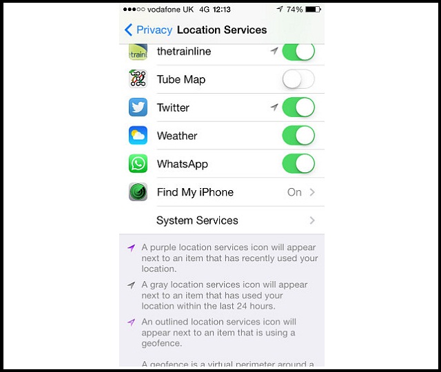 Use to record your location history Location Services