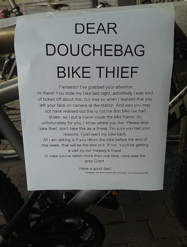 Bike with a letter on it Missing Bike