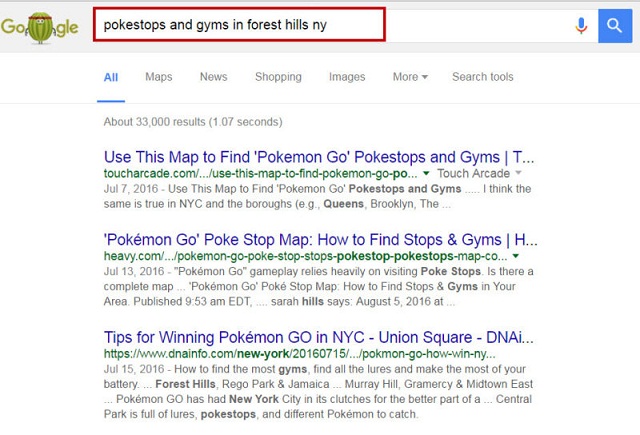 A search result for pokestops in New York Pokestops